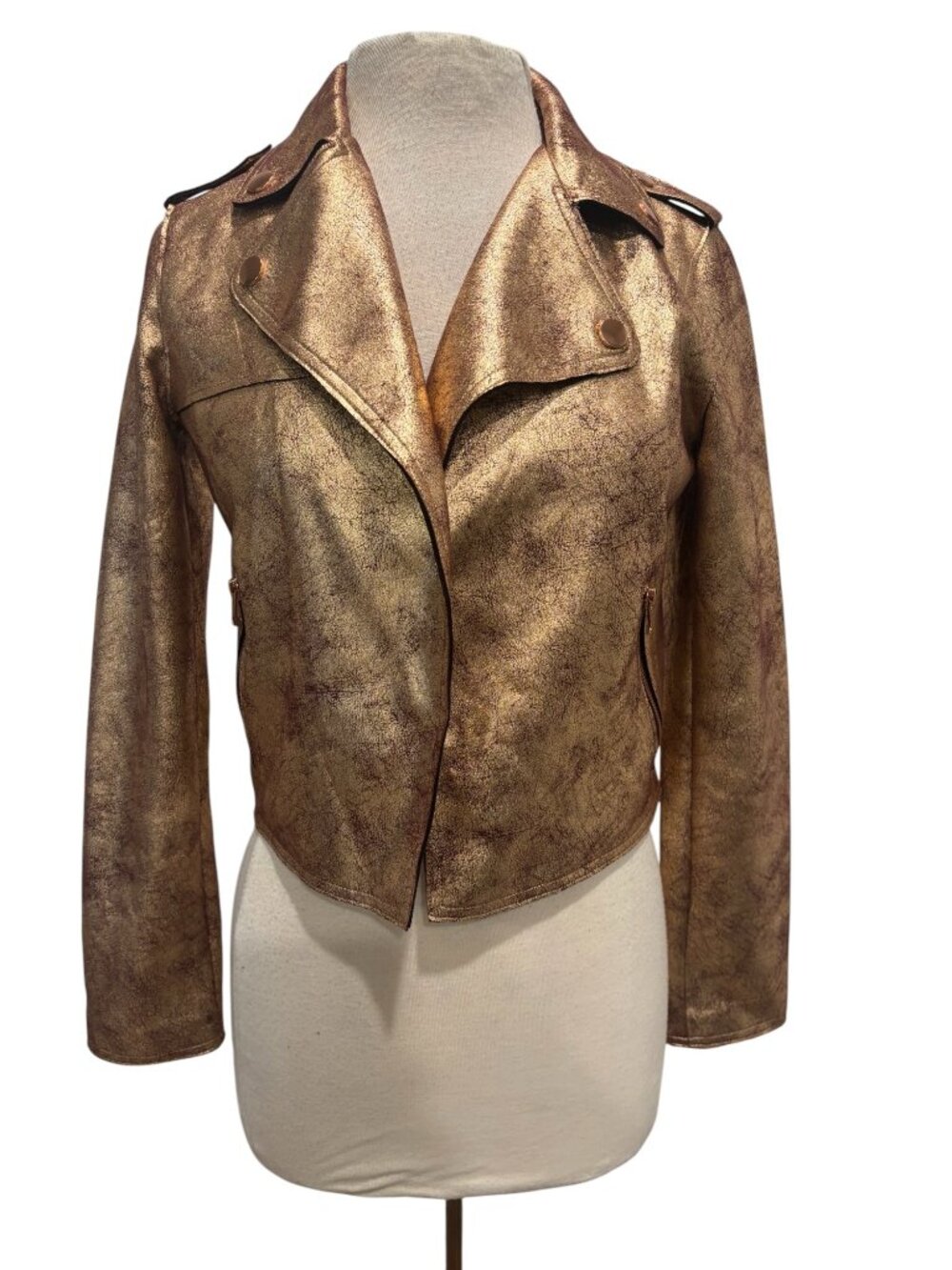 Anthropologie Gold Metallic Moto Jacket Women’s Small Cropped Faux Leather Biker - Picture 2 of 8